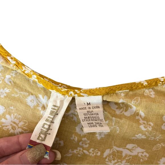 Mimi Chica Yellow Floral Tie Front Button Midi Dress Bell Sleeve Boho Sz Medium - Picture 6 of 8